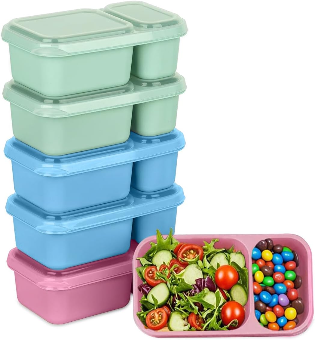 6 Pack 2-Compartment Reusable Snack Containers with Lids, Reusable Snack Packs for Meal Prep Food Storage On-the-Go Snacking Blue&Green&Pink