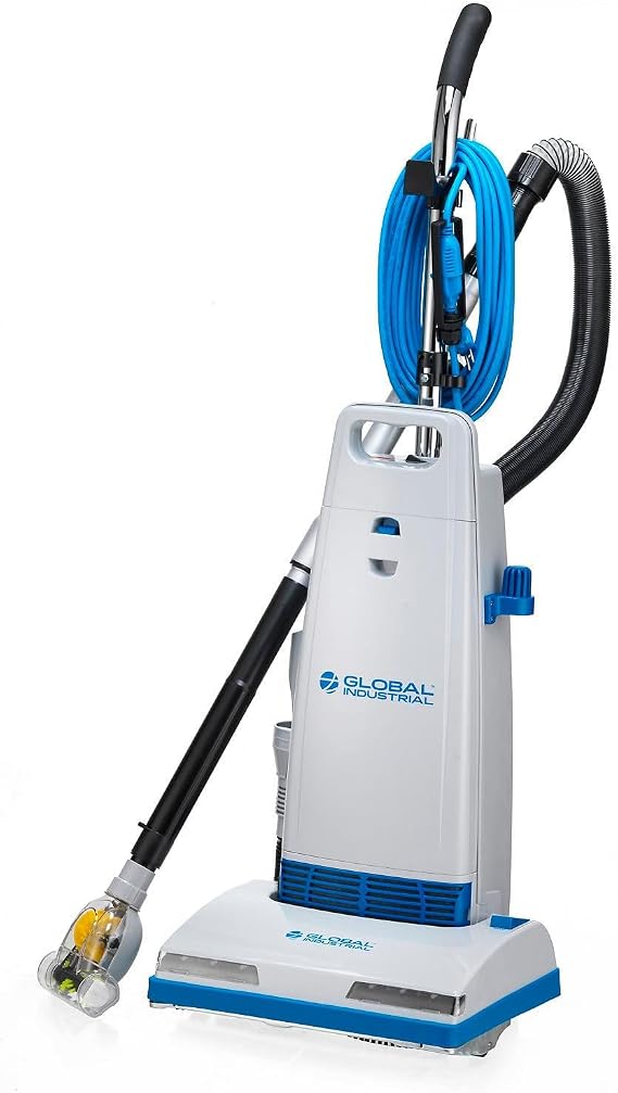 Global Industrial Commercial Upright Vacuum Cleaner with On-Board Tools | 14"W Cleaning Path, For Carpet and Hard Floor, 7 Quart Capacity, 120V, 50'L Power Cord, Gray & Blue