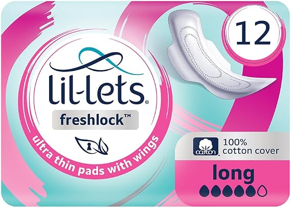 Lil-Lets Freshlock™ Ultra Thin Period Pads - 12 Count (1 Pack), Long Absorbency, with Wing, Unscented, 100% Cotton Cover, Super Absorbency Sanitary Towels