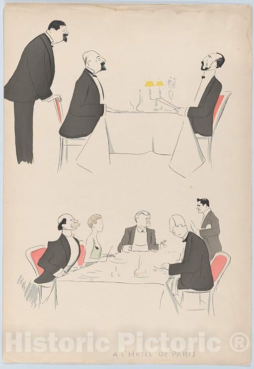 Art Print : Georges Goursat Sem - A L'Hotel de Paris (Two Tables, one with Grand Duke Nicholas, The Other with Princess Hohelohe), from Monte Carlo, 2nd Serie : Vintage Wall Decor : 24in x 36in