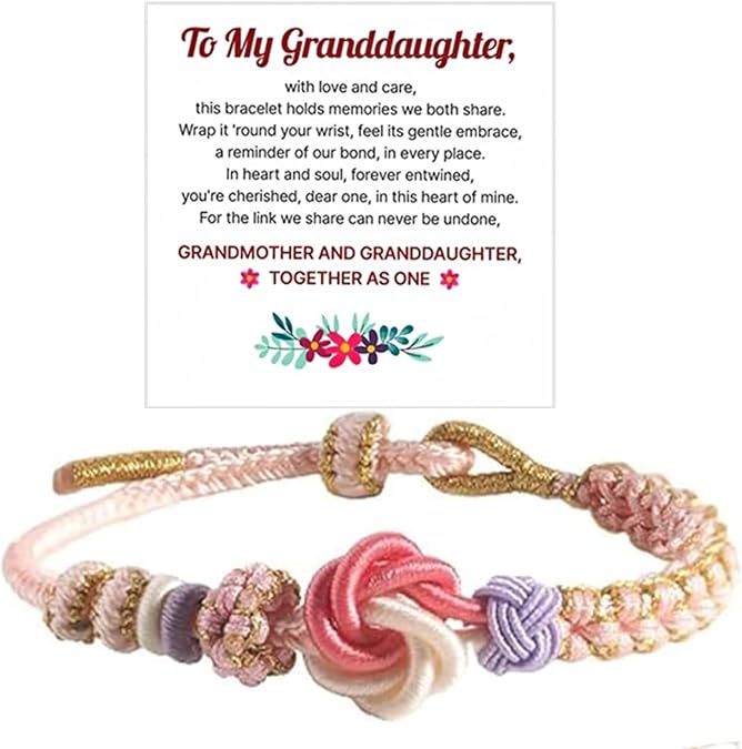 For Granddaughter - A Link That Can Never Be Undone Peach Blossom Knot Bracelet, Granddaughter Bracelet from Grandma Always Brave And Strong Adjustable Hand Braided DIY Bracelet For Women Christmas Jewelry Gifts