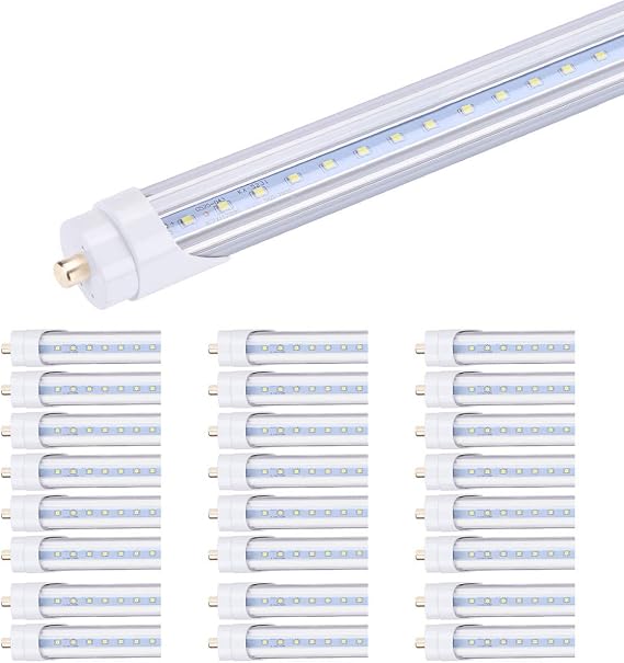 Single Pin T8 LED Tube Light ,Need Bypass Ballast 5000K Daylight White arage Shop Light 8ft 45W, Replace 100 Watt Fluorescent Lamp, Double-Ended Power, Clear Cover, Single Pin FA8 Base Pack of 25