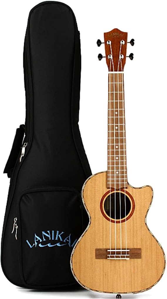 Lanikai CDST-CET 4- String Ukulele Cedar Solid Top Tenor Cutaway Acoustic-Electric Ukulele, Natural