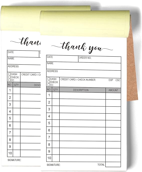 Thank You Receipt Book, 2 Packs 50-set Carbon Duplicate Copy Sales Receipt Form, Invoice Booklet for Stores, warehouses, offices, and restaurants, 3.4x5.5 Handheld, 2-Part Carbonless-White/Yellow.