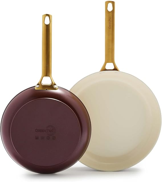 GreenPan Hard Anodized Healthy Ceramic Nonstick 8" and 11" Frying Pan Skillet Set, Gold Handle, PFAS-Free, Dishwasher Safe, Oven Safe, Merlot Red
