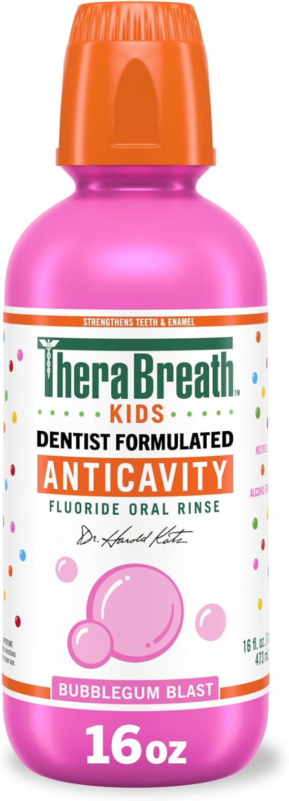 TheraBreath Kids Anticavity Fluoride Oral Rinse, Strengthens Teeth & Enamel, Alcohol Free & Dye Free, Certified Organic Bubblegum Blast Flavor, 16 Fl oz