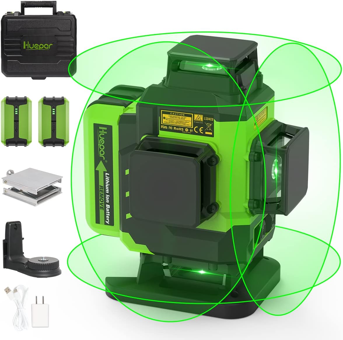 Huepar 4x360 Laser Level Self-leveling 16 Lines Green Beam 4D Cross Line Tiling Floor Tool-2 x 360 Horizontal & 2 x 360 Vertical Laser Lines with Two Li-ion Batteries and Hard Carry Case-LS04CG