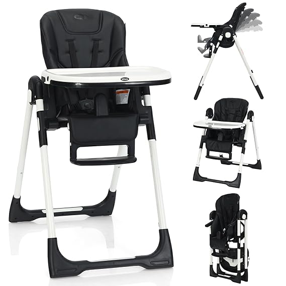 INFANS High Chair for Babies & Toddlers, Foldable Highchair with Multiple Adjustable Backrest, Footrest and Seat Height, Removable Tray, Detachable PU Leather Cushion, Built-in Rear Wheels (Black)