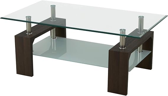 Rectangle Glass Coffee Table - Modern Side Coffee Table with Lower Shelf Brown Wooden Legs for Living Room
