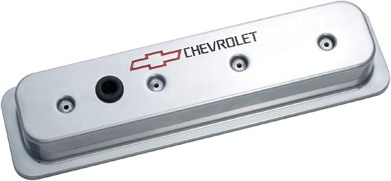Proform Valve Cover, Die-Cast, Tall, Baffled, Breather Hole, Chevrolet Bowtie Logo, Aluminum, Polished, Center Bolt, Small Block Chevy, Kit