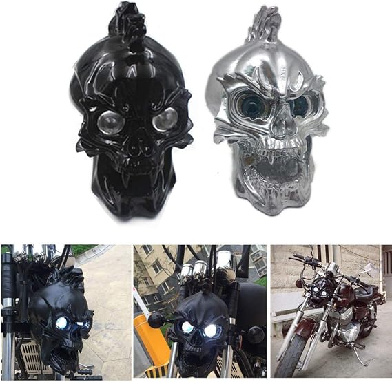 Motorcycle Skull Head Light LED Headlight Lamp For Harley Honda Suzuki Chopper Cruiser Bobber (Black)