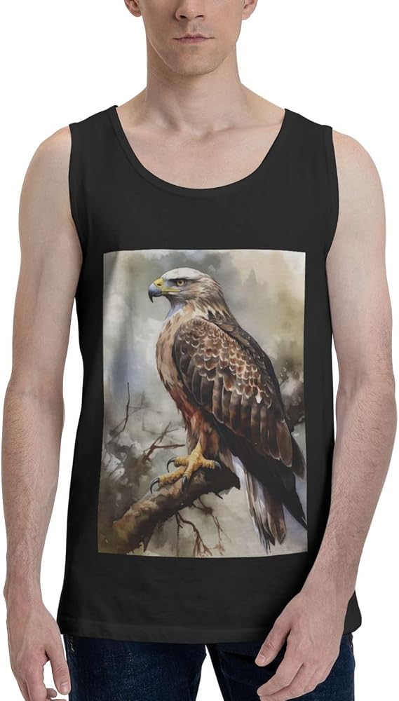 Watercolor of Hawk Sitting in The Tree Men's Tank Tops Moisture-Wicking Cotton Sleeveless Shirts Casual