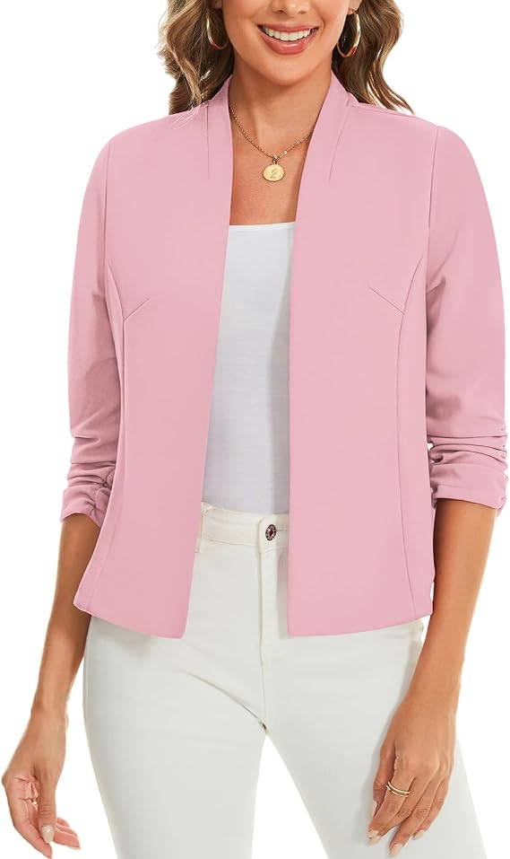 Womens Open Front Blazer Cropped 3/4 Sleeve Smart Cover UP Jackets Suits