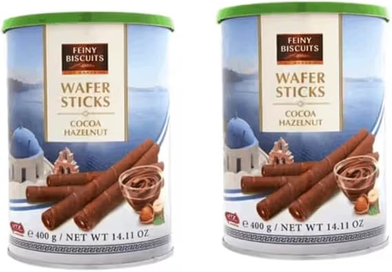 Wafer Rolls with Deliciously Fine Cocoa Hazelnut Flavored Cream Gift Tin - 2 Pack - Irresistible Tea Time Treat - Wafer Rolls with Cocoa Cream Filling and Hazelnuts 2 X 400 g