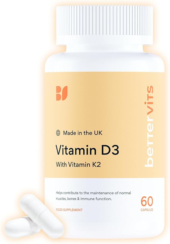 Bettervits Vitamin D3 4000IU with K2 MK-7 High Strength, 60 Capsules | Vitamin D and K2 contribute to the maintenance of normal bones. Vitamin D supports normal calcium absorption and muscle.