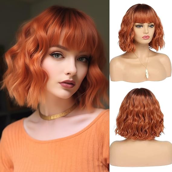 Short Copper Red Wig for Women, Natural Synthetic Hair Bob Red Wig with Neat Fringe Dark Root for Everyday/Party/Cosplay (25.5 cm) (copper)