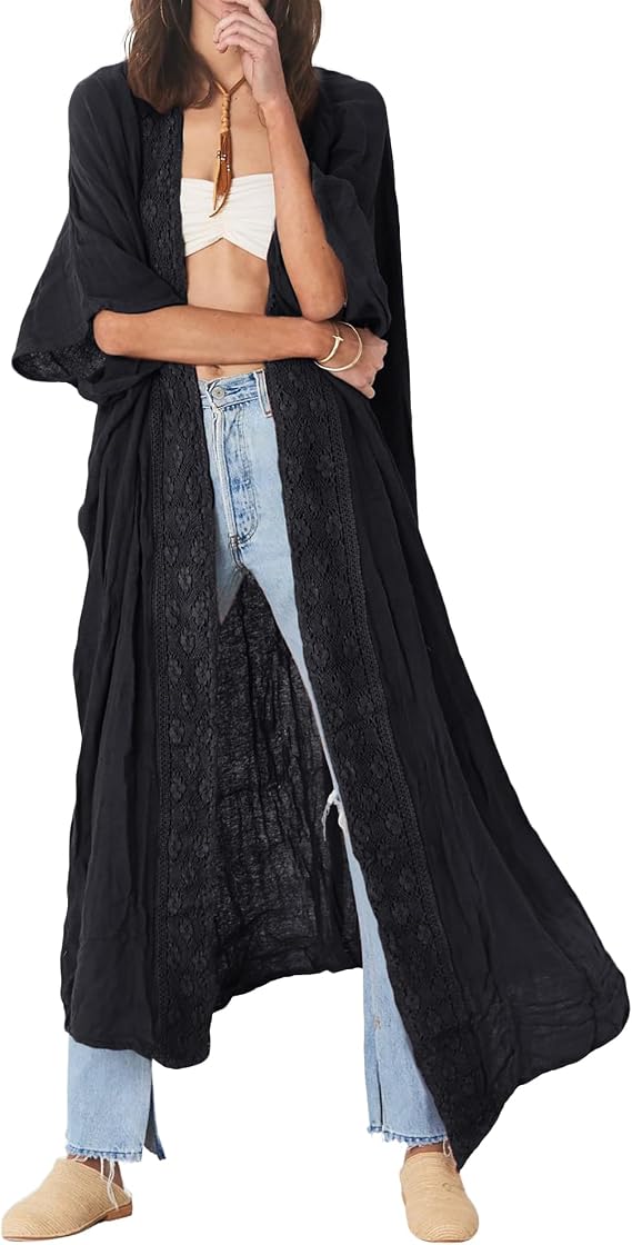 Bsubseach Women Embroidery Bathing Suit Cover Ups Half Sleeve Beach Kimono