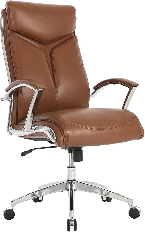 Realspace Modern Comfort Verismo Bonded Leather High-Back Executive Office Chair, Brown/Chrome, BIFMA Compliant