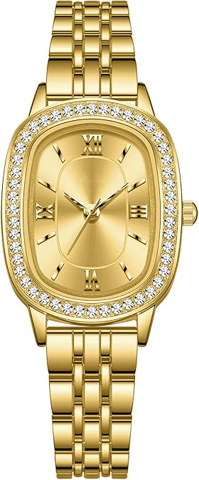 Women's Oval Quartz Watch, Crystal Bezel Two-Tone Stainless Steel Bracelet Watch, Elegant Roman Numeral Dial Dress Wristwatch for Ladies