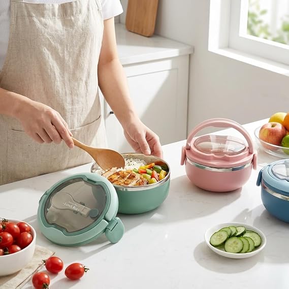 Deconox 700 ml Paslanmaz Çelik Yemek Kabı, Kaşıklı, Saplı ve Kilitli Yuvarlak Lunch Box, Mavi Yeşil Pembe Renk Seçenekli, 12x11x13cm Kapaklı Saklama ve Taşıma Kabı