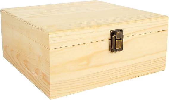 DAJAVE Unfinished Wooden Box, Wooden Storage Box with Hinged Lid, 9x9x4 Inch Pine Wood Box DIY Craft Stash Boxes for Arts Hobbies, DIY, Home Storage