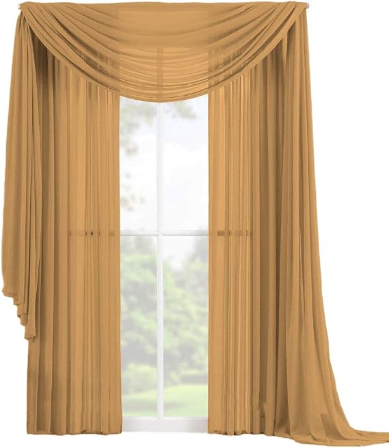 Decotex 3 Piece Elegant Sheer Voile Window Curtain Panel Drape Set includes 2 Panels and 1 Matching Scarf (63" Length, Gold)