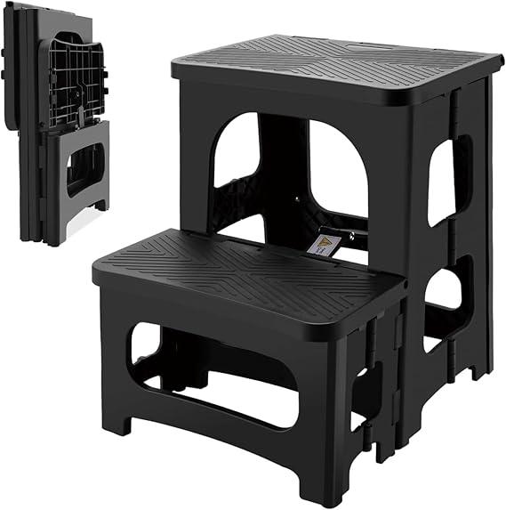 8x17inch Collapsible 2-Step Stool, Non-Slip Hot Tub Steps Outdoor, Foldable Step Stool, Hold up to 300 lbs, Plastic 2 Step Pool Stool for Kitchen Office Home RV, Black (Black)
