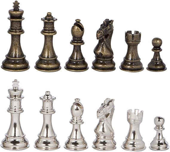 Frankfort Silver and Bronze Metal Chess Pieces with 3.75 Inch King and Extra Queens, Pieces Only, No Board