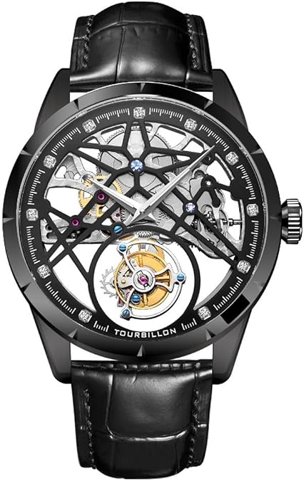 Men Real Flying Tourbillon Skeleton Diamonds Dial Mechanical Hand Wind Watch Sapphire Crystal Business Double-Sided Hollow Waterproof Clock Luminous Stainless Steel Wristwatch