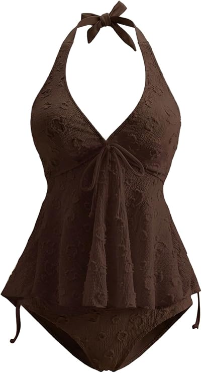 Verdusa Women's 2 Piece Halter Tankini Set Textured Babydoll Tops with Panty Swimsuits