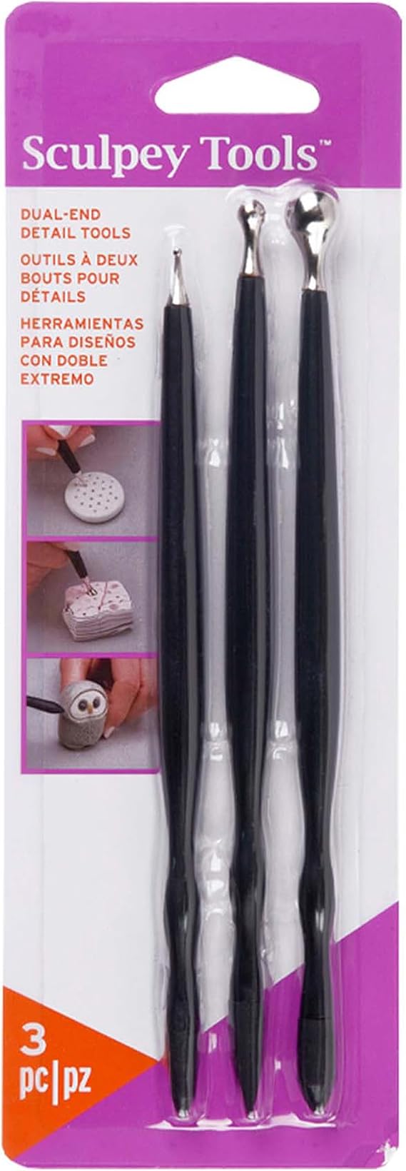 Sculpey Tools 3pc Dual End Clay Detail Tools - Sculpting & Shaping Set | Includes metal ball stylus and flexible tips in 3 sizes for smoothing, blending, and detailing polymer or air dry clay
