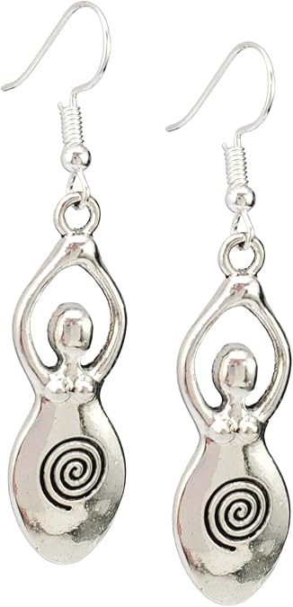 Spiral Fertility Goddess Antique Silver Charm Earrings for Women | Handmade, Divine Feminine, Mother Earth, Pagan Wiccan, Everyday Minimal Dangle Jewelry