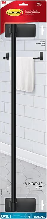 Command Bath Towel Bar, Matte Black, 1 Towel Ring, 2 Strips