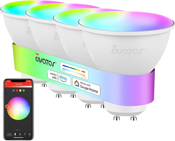 Avatar Controls GU10 Smart Bulbs, RGB WiFi LED, Alexa, Dimmable, 4 Pack [Energy Class G]