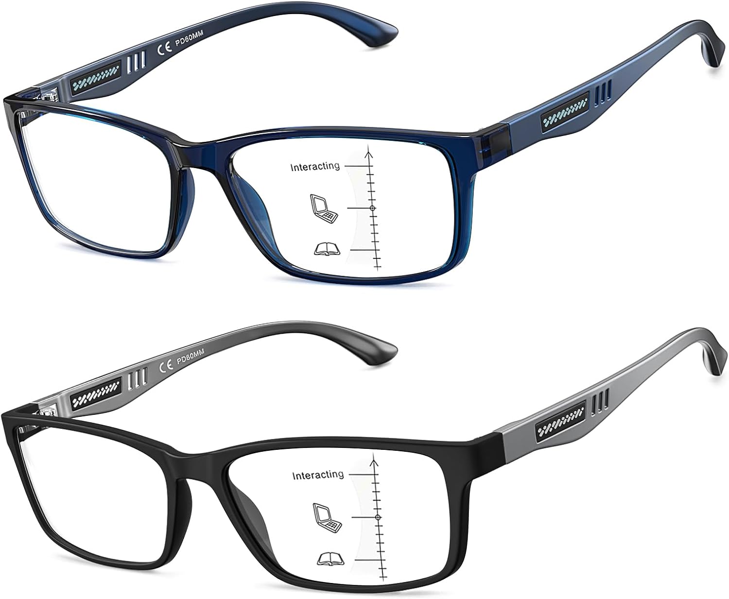 CARA Progressive Reading Glasses for Men Multifocus TR90 Readers, Superior Lightweight Blue Light Blocking Eyeglasses 2 PackBlackBlue, 2.50