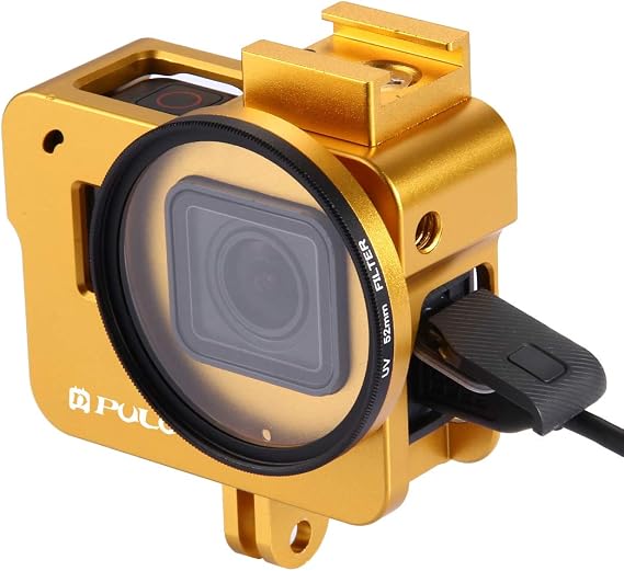 PULUZ Aluminum Alloy Case for Hero 7 Black/New Hero 2018 / Hero 5 / Hero 6 Housing Shell Case CNC Protective Cage with Cold Shoe Mount & 52mm UV Lens Filter (No Back Cover Version) (Gold)