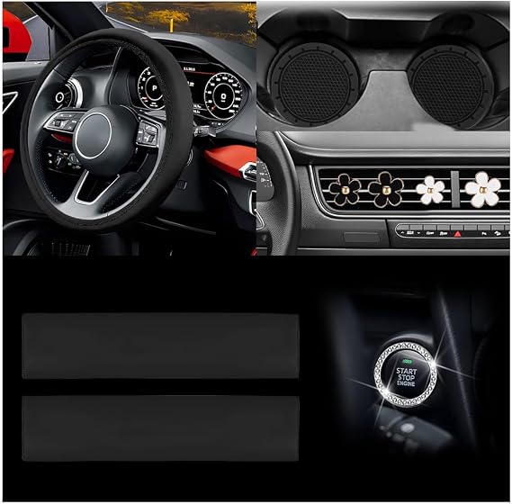 Zpana Car Accessories Set, 10PCS Vehicle Kit with Steering Wheel Cover Seatbelt Pad Cup Holder Mat Start Button Ring Sticker Flower Air Vent Clip, Universal Automotive Interior Ornament (Black)
