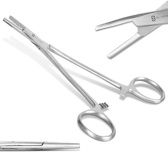 5.5 Inch Forceps Stainless Steel Clamp - Straight Edge Precision Tool for Veterinary, and Hobby Use - Ideal for Grasping Small Objects and Tissue Handling (1, Straight)