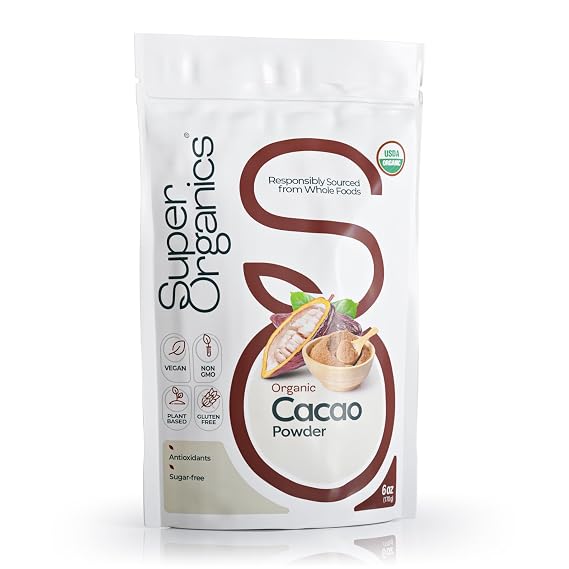 Super Organics Cacao Powder Organic, Raw & Unsweetened 100% Pure Dark Chocolate, Vegan, Non-GMO, Gluten-Free, Antioxidant-Rich, 6 oz