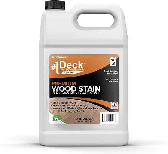SaverSystems #1 Deck Premium Semi-Transparent Outdoor Wood Stain and Sealer in One - Water Based Wood Stain for Decks, Fences, Siding - 1 Gallon (Dark Walnut)
