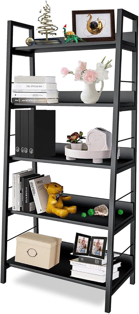 Himimi Ladder Bookshelf Black,Tall Bookcase and Book Shelf 5 Tier Shelves, Industrial Modern Wood Display Shelf Book Case with Metal Frame,Storage Rack Home Office Furniture for Living Room,Bedroom