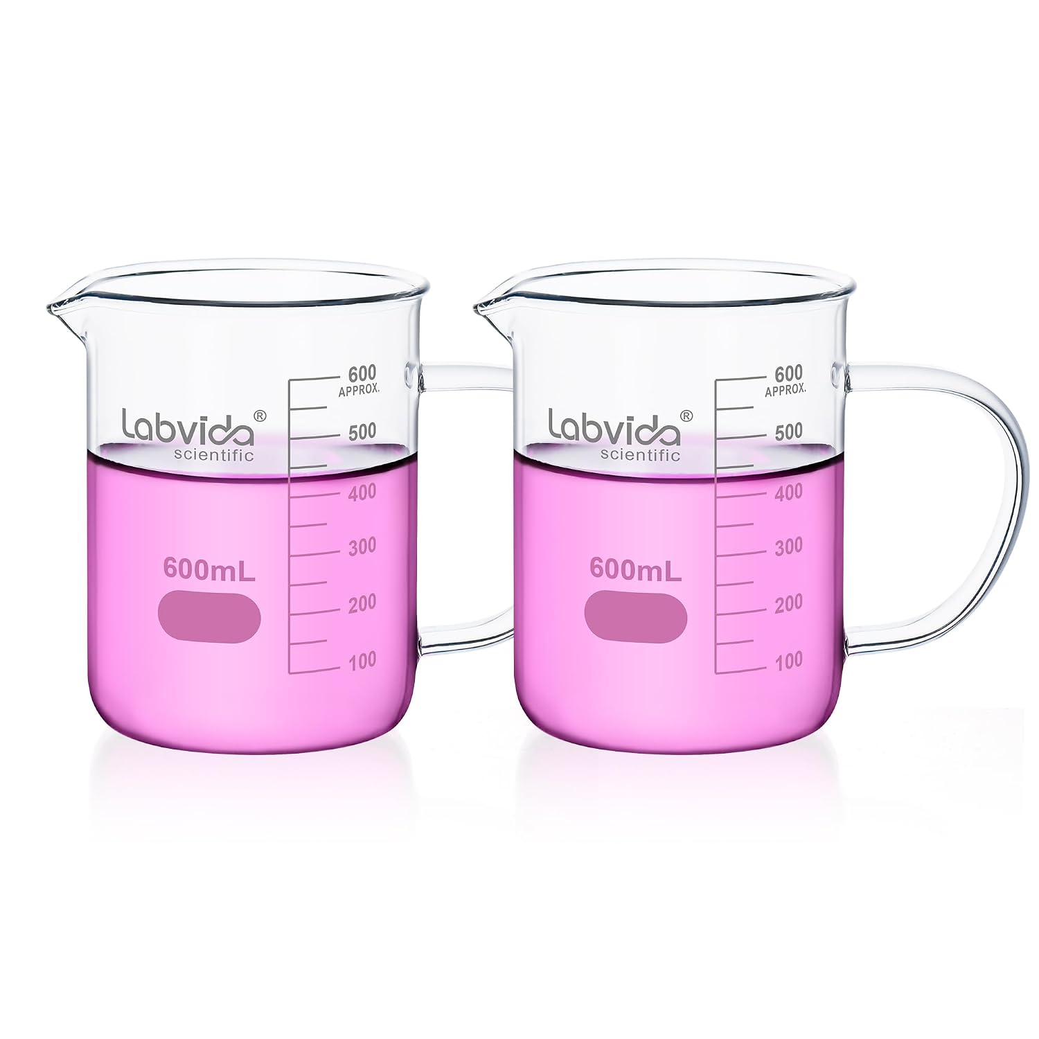 Glass Beaker with Handle, 2PCS of Vol. 600ml, 3.3 Borosilicate Griffin Low Form with Printed Graduation,LVAT005