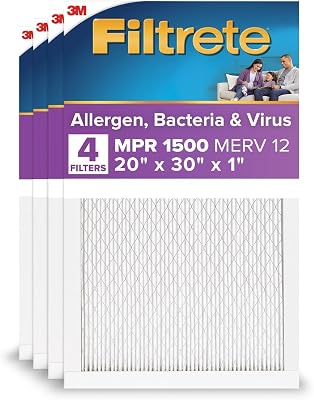 Filtrete 20x30x1 AC Furnace Air Filter, MERV 12, MPR 1500, CERTIFIED asthma & allergy friendly, 3 Month Pleated 1-Inch Electrostatic Air Cleaning Filter, 4-Pack Actual Size 19.84 x 29.84 x 0.78 in