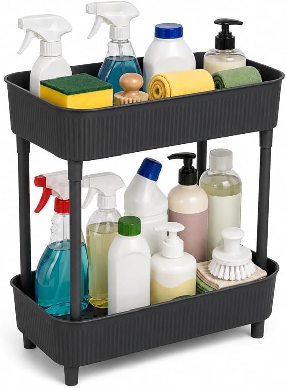 İki Katlı Raf Mutfak Banyo Düzenleyici, Tezgah Evye Lavabo Altı Üstü Organizer, 2 Kat Dolap İçi Depolama (Antrasit)