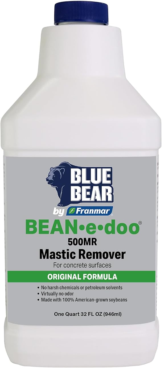 Blue Bear 500MR BEAN-e-doo Concrete Mastic Remover Professional Soy-Based Adhesive Remover for Carpet, Tile & Asbestos Mastics Low-Odor, Non-Toxic, Safe for Schools & Hospitals (Quart)