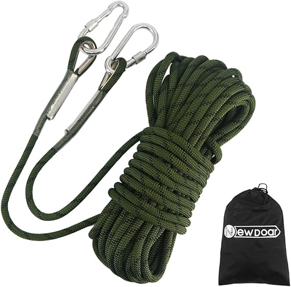 NewDoar 18KN Static Climbing Rope 10mm Accessory Cord Equipment 33FT(10M) 66FT(20M) 98FT(30M) 165FT(50M) Escape Rope with 2 Carabiners for Ice Climbing Fire Rescue Rope Safety Rope