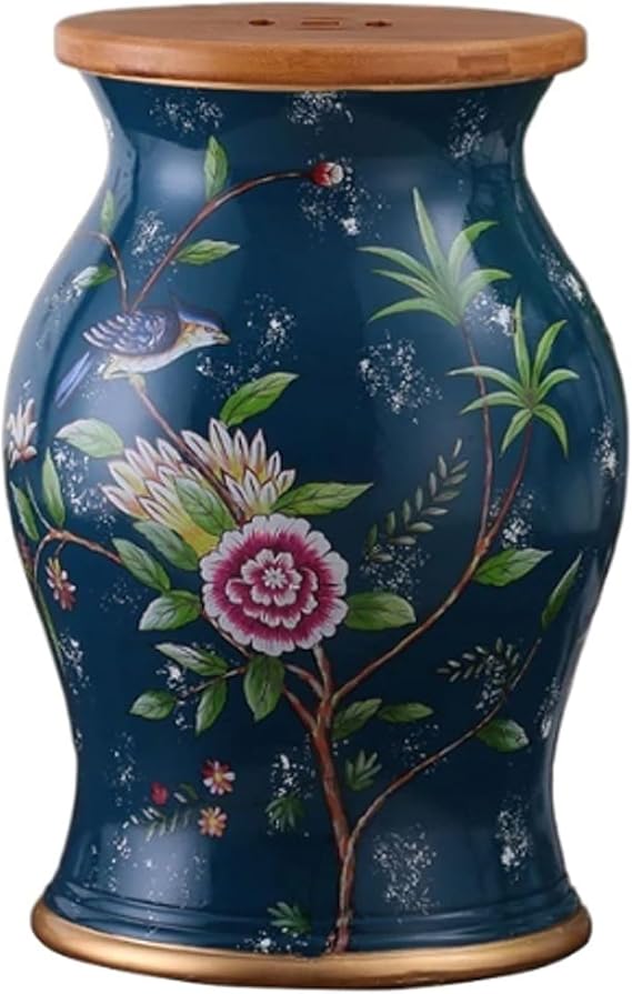 Ceramic Decorative Garden Stool, Outdoor Stools for Sitting, Garden Decorations for Yard, Garden Seating with Inner Storage - Small Side Table, Foot Stool, Vanity Stool(Dark Blue)