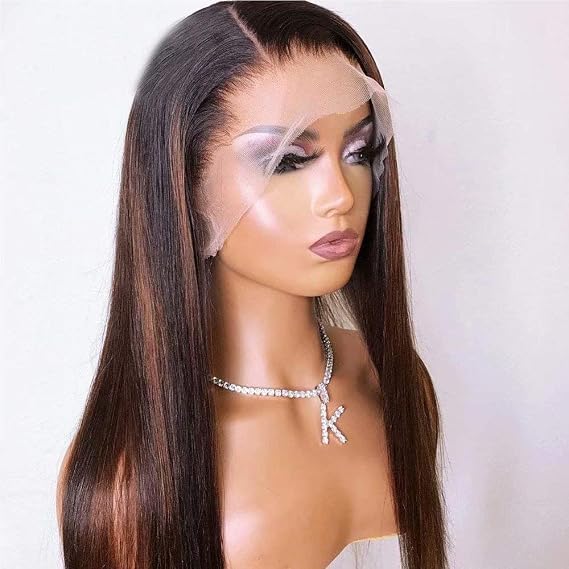 HD Transparent 13X6 Lace Frontal Wig Pre Plucked #1B/#30 Ombre Black With Brown Highlight Wig Silky Straight 150% Density Remy Hair Lace Wigs with Baby Hair 14 Inch