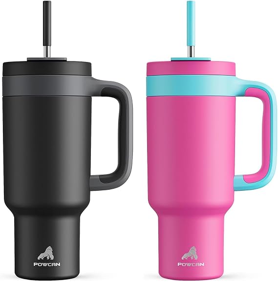 POWCAN 40 oz Tumbler with Handle 2 Pack, 2-in-1 Straw & Sip Lid, Leakproof, Dishwasher Safe, Insulated Stainless Steel Coffee Mug, Keeps Cold for 34 Hours, Fits in Car Cup Holder(Might & Barbie)
