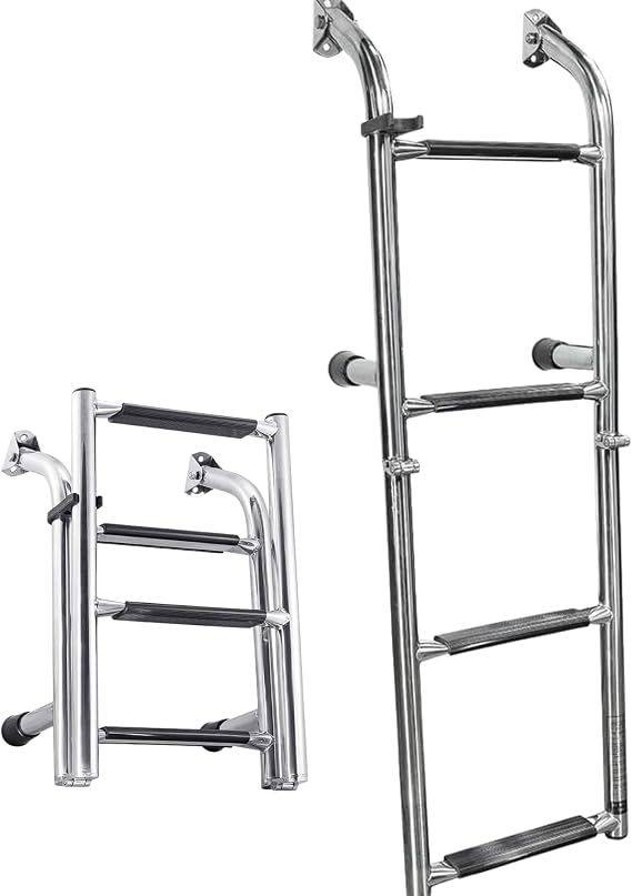 White Water - 4-Step Folding Transom Boat Ladder 304 Stainless Steel 4-5/8" Standoffs - Telescoping Swim Platform Boarding Ladder for Boats - B00361